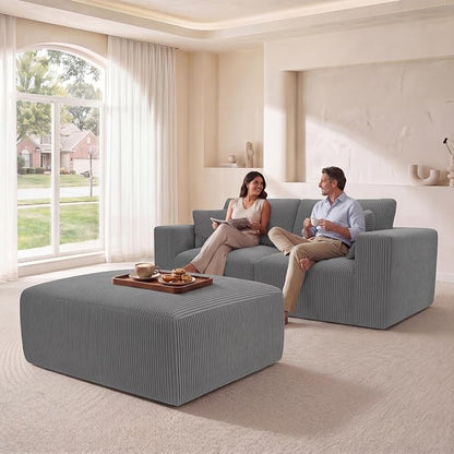 Modular Sectional Sofa with Ottoman, L-Shaped Cloud Couch, 79" Memory Foam Boneless Loveseat with Chaise, No Assembly Required Corduroy Frameless Sofa for Small Living Room Apartment Home Decor, Grey