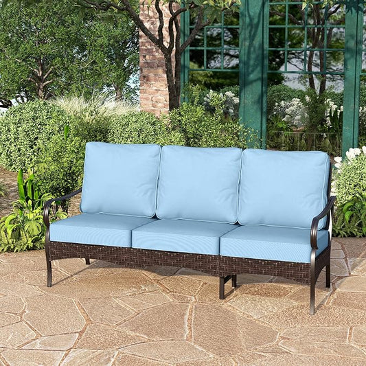 PHI VILLA Wicker & Metal Outdoor Patio Couch,3-Seat Patio Sofa with Deep Seating for Front Porch, Deck, Balcony, Backyard, Sunroom,Blue