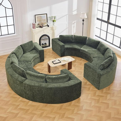 WUTUTUEE 142'' Curved Round Boneless Couch, Oversized Circular Sofa with Deep Seat & Arms, Chenille Modular Sectional Sofa with Pillows, Upholstered Comfy 12 Seat Couch for Living Room, Green