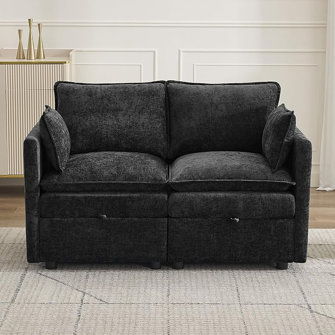 55" Modular Loveseat Sofa with Storage, Upholstered Cloud Sofa Small Love Seat Couch, Modern Sectional Comfy 2 Seater Chenille Couch with Armrests for Living Room, Small Space, Black