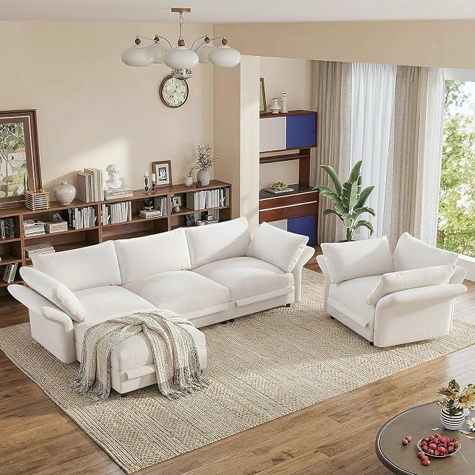 DreamDashio 159" 6-Seat L-Shaped Sectional Sofa, Oversized Modular Cloud Couch with Storage, Adjustable Arms & High Back, Beige Chenille for Living Room