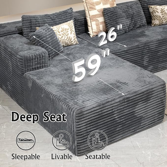 Sectional couches for Living Room Corduroy Couch, 104" Cloud Sectional Couch with L-Shape Chaise, Modern Modular Sofa, Deep Seat Comfort, No Assembly Required(Plush Corduroy, Left Facing Chaise)