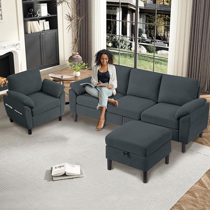 3 Piece Convertible Sectional Sofa Set, Modern Linen Small L Shaped Couch with Reversible Ottoman and Accent Chair, 3-Seat Sofa Couches for Living Room, Office, Apartment, Dark Grey