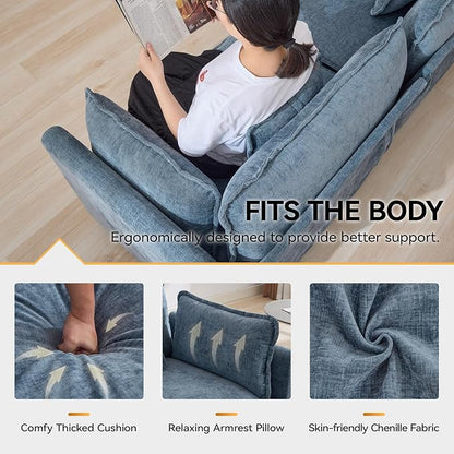 113'' V Shaped Cloud Sectional Sofa, Oversized Deep Seat Couches for Living Room, Chenille Comfy Upholstered Modular Sectional Sofa Couch with 2 Movable Ottoman, Blue