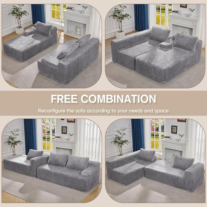 Hobestluk Boneless Couch Modular Sectional Sofa L-Shape Oversized Chaise | 108" Left Facing Chaise Light Grey,Memory Foam,Removable Cover,Non-slip Bottom,No Assemble Required,Living Room Furniture