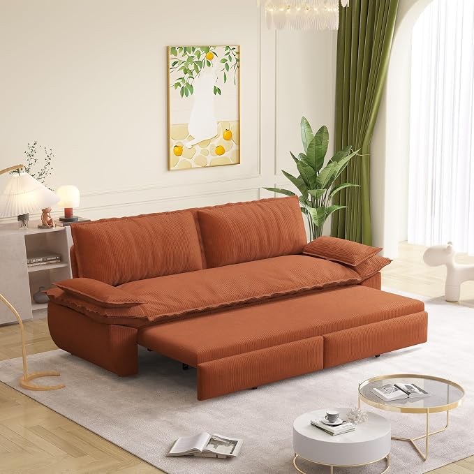 73.2" Sleeper Sofa Bed Queen, 3-in-1 Convertible Couch, Modern Pull Out Couches, Comfy Corduroy Futon Sofa, Cloud Loveseat Lounge, Pillow Arm for Small Spaces, Living Room, Apartment, Orange