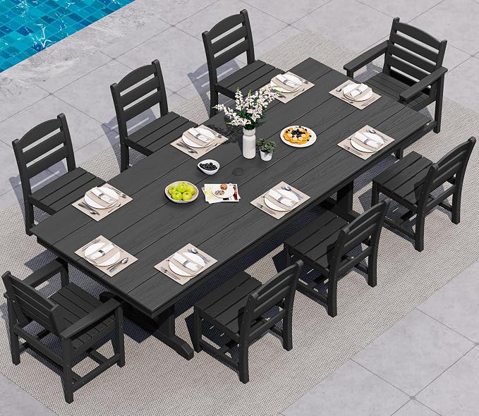 SERWALL 9 Piece 84" HDPE Outdoor Dining Set with 6 Armless Chairs, 2 Armchairs and Umbrella Hole for 8, Black