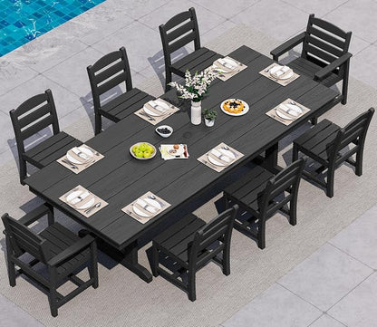 SERWALL 9 Piece 84" HDPE Outdoor Dining Set with 6 Armless Chairs, 2 Armchairs and Umbrella Hole for 8, Black