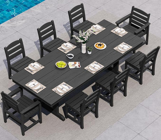 SERWALL 9 Piece 84" HDPE Outdoor Dining Set with 6 Armless Chairs, 2 Armchairs and Umbrella Hole for 8, Black