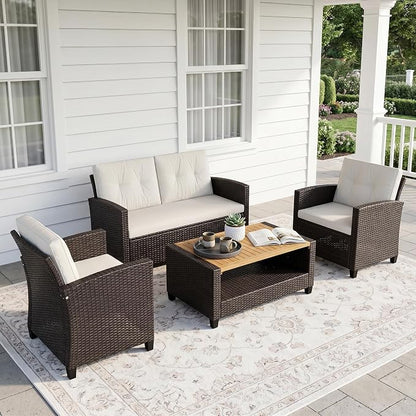 FansaFurn 4 Piece Outside Furniture, Wicker Patio Furniture Set, All Weather Outdoor Patio Sofa with Cushion and Acacia Wood Table, Outdoor Sofa for Backyard, Porch, Lawn, Patio, Deck, Garden, Beige
