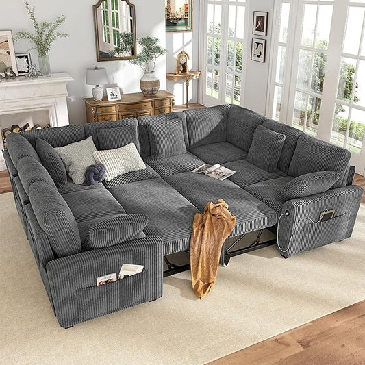 Hanherry Sectional Sofa with Pull Out Couch Bed,8 Seat Corduroy Sleeper Sofa with 2 Seat Storage & USB Charging,Comfy Modular Couches for Living Room,Apartment