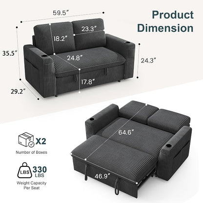 Sleeper Sofa with Pull Out Bed, Plush Corduroy Convertible Sofa Bed with Adjustable Backrest and Cup Holders, Loveseat Sleeper Couches for Living Room, Apartment, Dark Grey