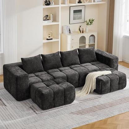 119" Boneless U-Shaped Sofa Couch with 2 Ottoman, 4 Seater Comfy Cloud Sectional Sofa with Deep Seat, Oversized Chenille Memory Foam Sectional Couches for Living Room Bedroom, Dark Grey