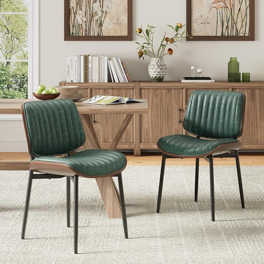 MALOL Leather Dining Chairs Set of 2, Modern Upholstered Dining Room Kitchen Chairs with Metal Legs and Wooden Back Support for Home Dining Room/Restaurant, Green