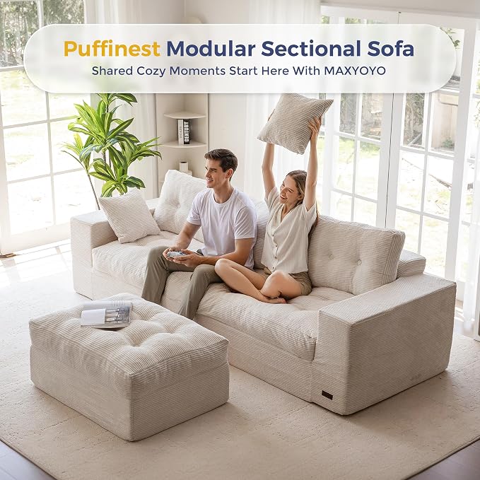 MAXYOYO 104" L Shaped Modular Sectional Sofa with Ottoman, Cloud Boneless Couch with Layered Cushion, Upholstered Sofa Flexible Module Combination for Living Room, No Assembly, Beige