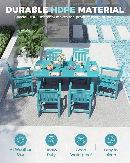 Ciokea HDPE Outdoor Dining Set, 7-Piece Patio Table and Chairs Set with Umbrella Hole, All-Weather Patio Dining Sets for 6, Durable Patio Furniture for Backyard, Garden, Lawn & Poolside, Lake Blue