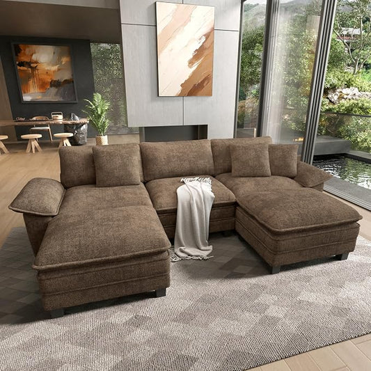 HERA'S HOUSE 124" Oversized Modular Sectional Sofa, Comfy U Shaped Couches for Living Room, Cloud Couch with Ottoman, 5-Seater Deep Seat Sofa with Throw Pillow, Chenille Grayish Brown