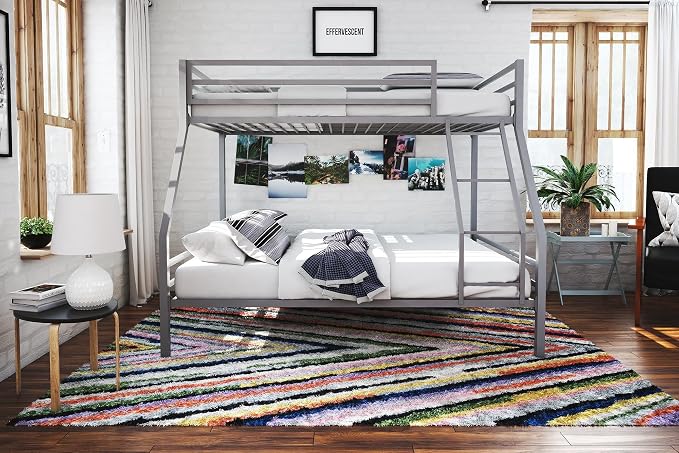 Novogratz Maxwell Metal Bunk Bed Frame for Kids and Teens, with Angled Ladder, High Guardrail and Metal Slats, No Boxspring Required, Underbed Storage Space, Twin-Over-Full, Gray