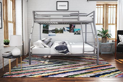 Novogratz Maxwell Metal Bunk Bed Frame for Kids and Teens, with Angled Ladder, High Guardrail and Metal Slats, No Boxspring Required, Underbed Storage Space, Twin-Over-Full, Gray