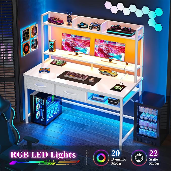 DurayLoly 47.2" Gaming Desk with RGB LED and Power Outlet, Computer Desk with Hutch and Monitor Stand, Home Office Desk with Drawers and Shelves, Study Writing Desk Bedroom Dorm Small Space, White