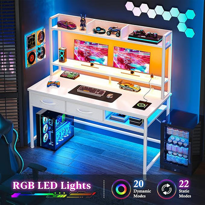 DurayLoly 47.2" Gaming Desk with RGB LED and Power Outlet, Computer Desk with Hutch and Monitor Stand, Home Office Desk with Drawers and Shelves, Study Writing Desk Bedroom Dorm Small Space, White