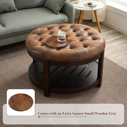 adochr Round Coffee Tables for Living Room,33’’ Storage Ottoman with Wooden Tray, Upholstered Ottoman Footrest, Light Brown
