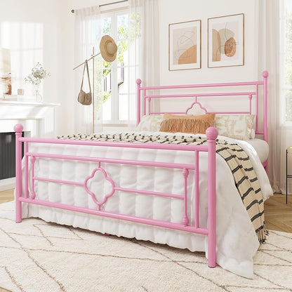 Allewie Full Size Metal Platform Bed Frame with Victorian Vintage Headboard and Footboard/Mattress Foundation/Under Bed Storage/No Box Spring Needed/Noise-Free/Easy Assembly, Pink