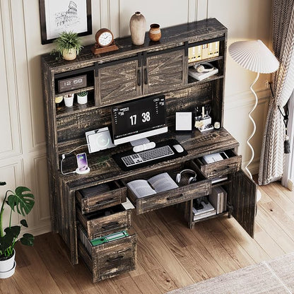 LUMISOL Farmhouse Executive Desk with Hutch and Charging Station, Computer Desk with 2 Sliding Barn Doors, 5 Drawers and Storage Cabinet with 3-Position Adjustable Shelf, Rustic Grey