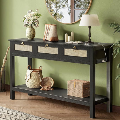 SUPERJARE Rattan Console Sofa Table with Outlets and USB-C Port, 3 Drawer Entryway Table with Synthetic Rattan Surface, Open Shelf, Behind Couch Entry Foyer Hallway Storage, Black