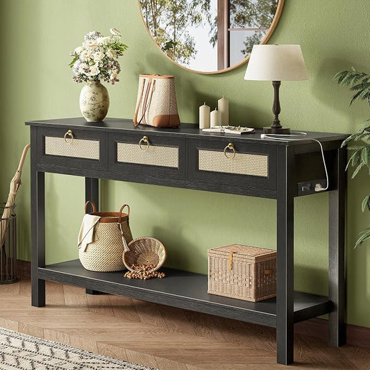 SUPERJARE Rattan Console Sofa Table with Outlets and USB-C Port, 3 Drawer Entryway Table with Synthetic Rattan Surface, Open Shelf, Behind Couch Entry Foyer Hallway Storage, Black