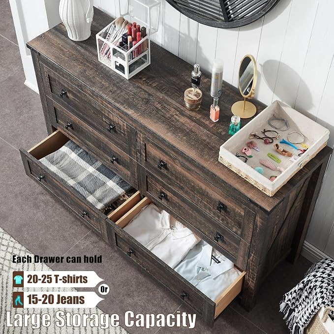 T4TREAM 54" Wide Farmhouse 6-Drawer Dresser for Bedroom, Dark Rustic Oak | Rustic, Wood Storage Cabinet, Metal Handle, Unique Corner Accent, Bedroom, Living Room, Hallway