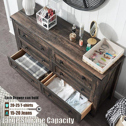 T4TREAM 54" Wide Farmhouse 6-Drawer Dresser for Bedroom, Dark Rustic Oak | Rustic, Wood Storage Cabinet, Metal Handle, Unique Corner Accent, Bedroom, Living Room, Hallway