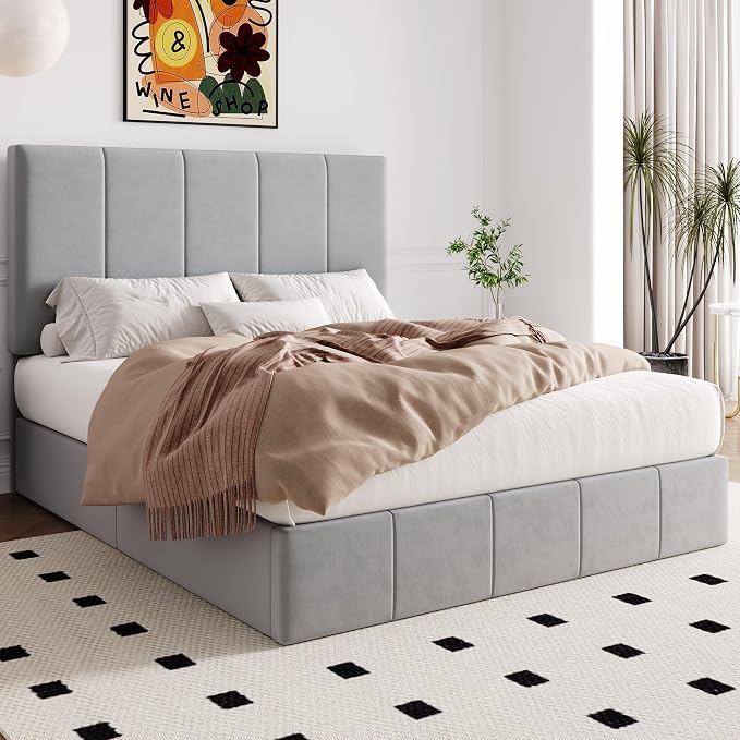 Allewie Queen Size Velvet Lift Up Storage Bed Frame, Vertical Channel Tufted Headboard, Hydrualic Underneath Storage, Upholstered Platform Bed, Wooden Slats Support, No Box Spring Needed, Gray