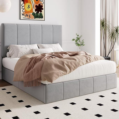 Allewie Queen Size Velvet Lift Up Storage Bed Frame, Vertical Channel Tufted Headboard, Hydrualic Underneath Storage, Upholstered Platform Bed, Wooden Slats Support, No Box Spring Needed, Gray