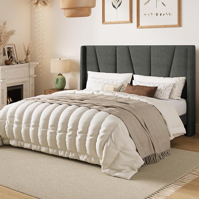 SHA CERLIN Queen Size Bed Frame with Geometric Wingback Headboard, Upholstered Platform Bed with Wooden Slats Support, 8" Under-Bed Space, No Box Spring Needed, Easy Assembly, Grey