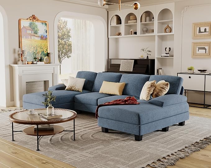 Furmax Sectional Couches for Living Room, U-Shaped Sofa Couch with Linen Fabric, 4 Seat Sofa Set with Double Chaise for Apartment (Chenille, Light Blue)