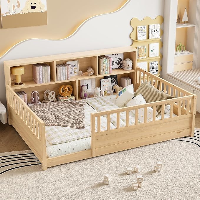 Bellemave Full Size Montessori Floor Bed with Bookcase, Full Floor Bed with High Fence and Storage Shelves, Easy Assemble Montessori Beds Frame for Girls, Boys, Natural
