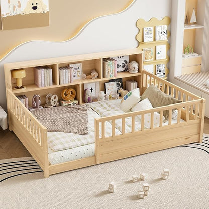 Bellemave Full Size Montessori Floor Bed with Bookcase, Full Floor Bed with High Fence and Storage Shelves, Easy Assemble Montessori Beds Frame for Girls, Boys, Natural