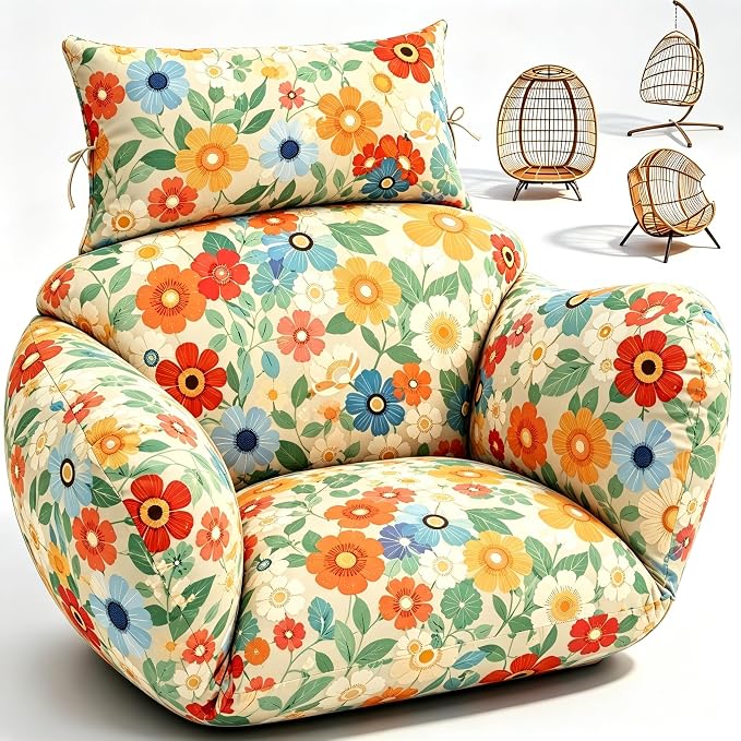 Waterproof Egg Chair Cushion Replacement 47x31.5x4.7 inch Thicken Hanging Egg Swing Chair Cushion Indoor Outdoor Wicker Rattan Hammock Basket Cushion with Headrest Pillow, Daisy