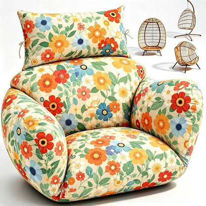 Waterproof Egg Chair Cushion Replacement 47x31.5x4.7 inch Thicken Hanging Egg Swing Chair Cushion Indoor Outdoor Wicker Rattan Hammock Basket Cushion with Headrest Pillow, Daisy