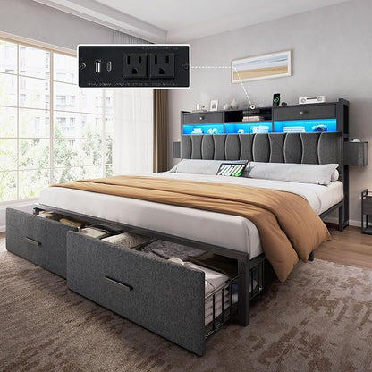 DWVO King Size with 2 Storage Drawers and Charging Station, Linen Upholstered Platform Bed with Storage Headboard and LED Light, Heavy Duty Metal Support, No Box Spring Needed, Noise Free, Grey