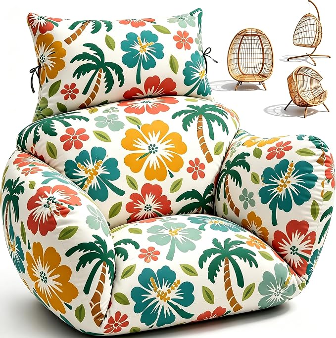 Waterproof Egg Chair Cushion Replacement 47x31.5x4.7 inch Thicken Hanging Egg Swing Chair Cushion Indoor Outdoor Wicker Rattan Hammock Basket Cushion with Headrest Pillow, Green Coconut Tree