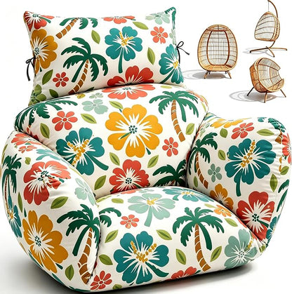 Waterproof Egg Chair Cushion Replacement 47x31.5x4.7 inch Thicken Hanging Egg Swing Chair Cushion Indoor Outdoor Wicker Rattan Hammock Basket Cushion with Headrest Pillow, Green Coconut Tree