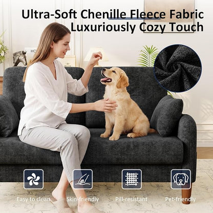 Vipbear 48" Loveseat Sofa,Modern Small Couches for Small Spaces,Black Chenille Love Seat Couch for Living Room,Bedroom,Apartment,Office,Deep Seat,Throw Pillow,Side Pockets,Curved Armrest