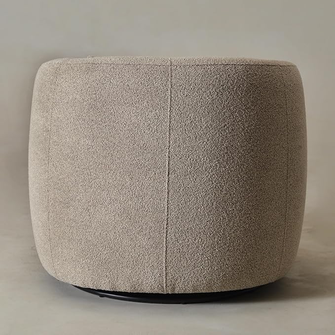 KINWELL 34" Wide Boucle Swivel Barrel Chair, No Assembly Round Upholstered Armchair Accent Chair Single Sofa Chair with Toss Pillow for Living Room and Bedroom, Taupe