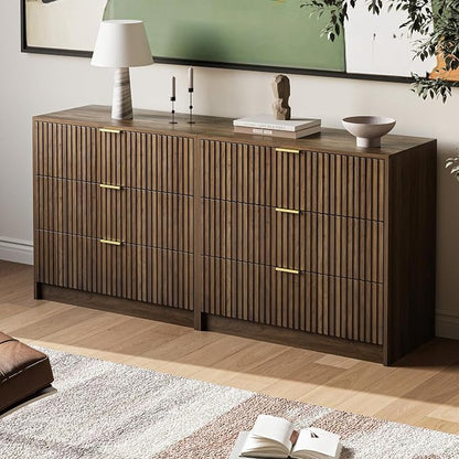 MAISONARIA 3-Piece Dresser Bedroom Set, 6 Drawer Dresser & 3 Drawer Nightstands with Gold Handles, Fluted Wood Chest of Drawers for Bedroom, Living Room, Entryway,Walnut