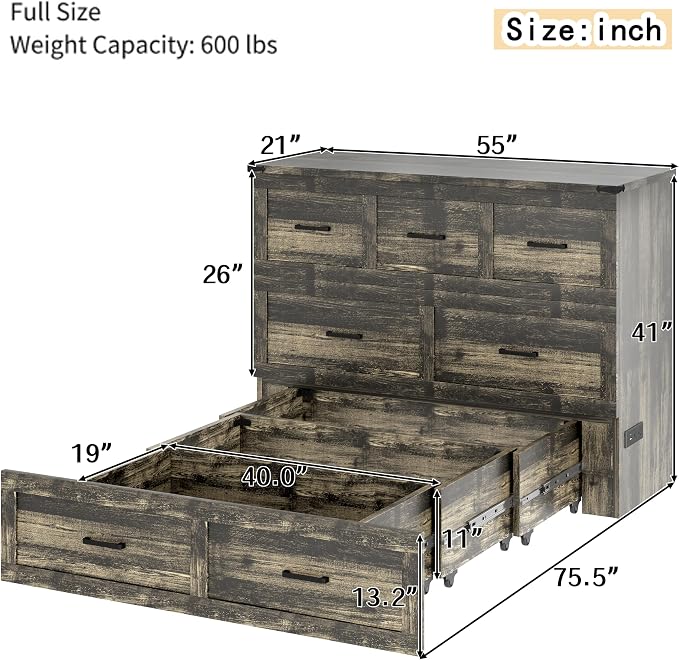 Merax Full Size Murphy Bed with Charging Station, Multi-Functional Foldable Platform Bed with 1 Large Storage Drawer for Guest Room, Small Bedroom, Gray