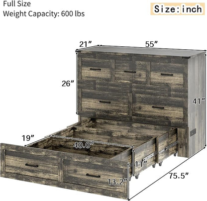 Merax Full Size Murphy Bed with Charging Station, Multi-Functional Foldable Platform Bed with 1 Large Storage Drawer for Guest Room, Small Bedroom, Gray