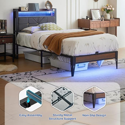 Twin Size Bed Frame with Headboard, Upholstered Platform Bed Frame with Charging Station, Dual LED Light Strips, 2-Tier Storage Shelves, Heavy Duty Metal frame, Noise-Free, No Box Spring Needed, Black