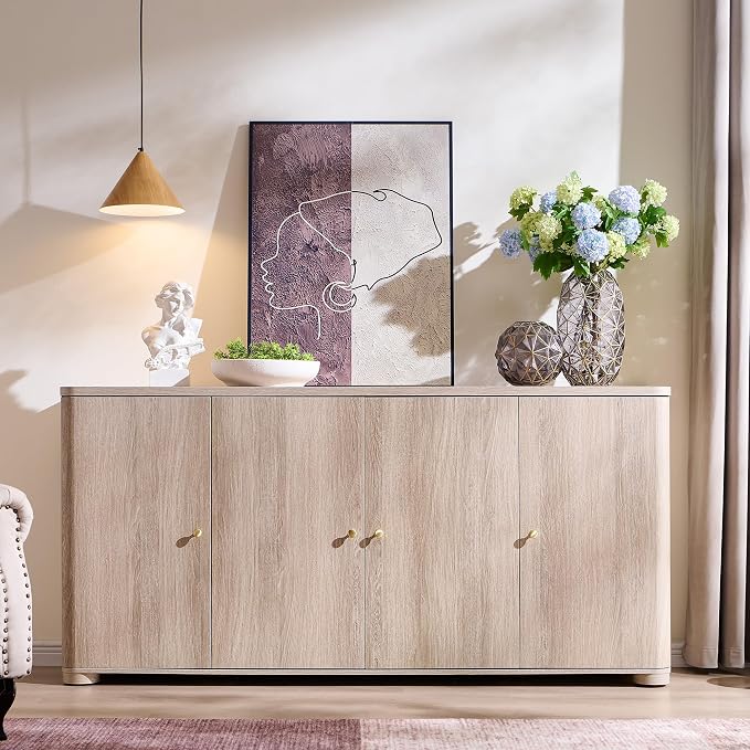 IFGET Curved Buffet Cabinet with Doors, 66" Large Sideboard Buffet Storage Cabinet with 4 Doors and Shleves, Modern Coffee Bar Station Wood Kitchen Table for Kitchen, Dining Room, Light Grey